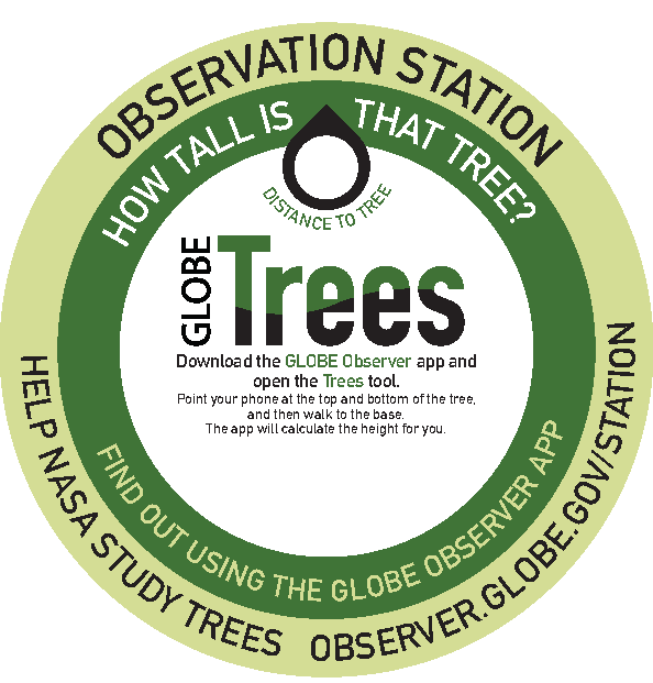 Trees Observation Station: Download the GLOBE Observer app and open the Trees tool. Point your phone at the top and bottom of the tree, and then walk to the base. The app will calculate the height for you.