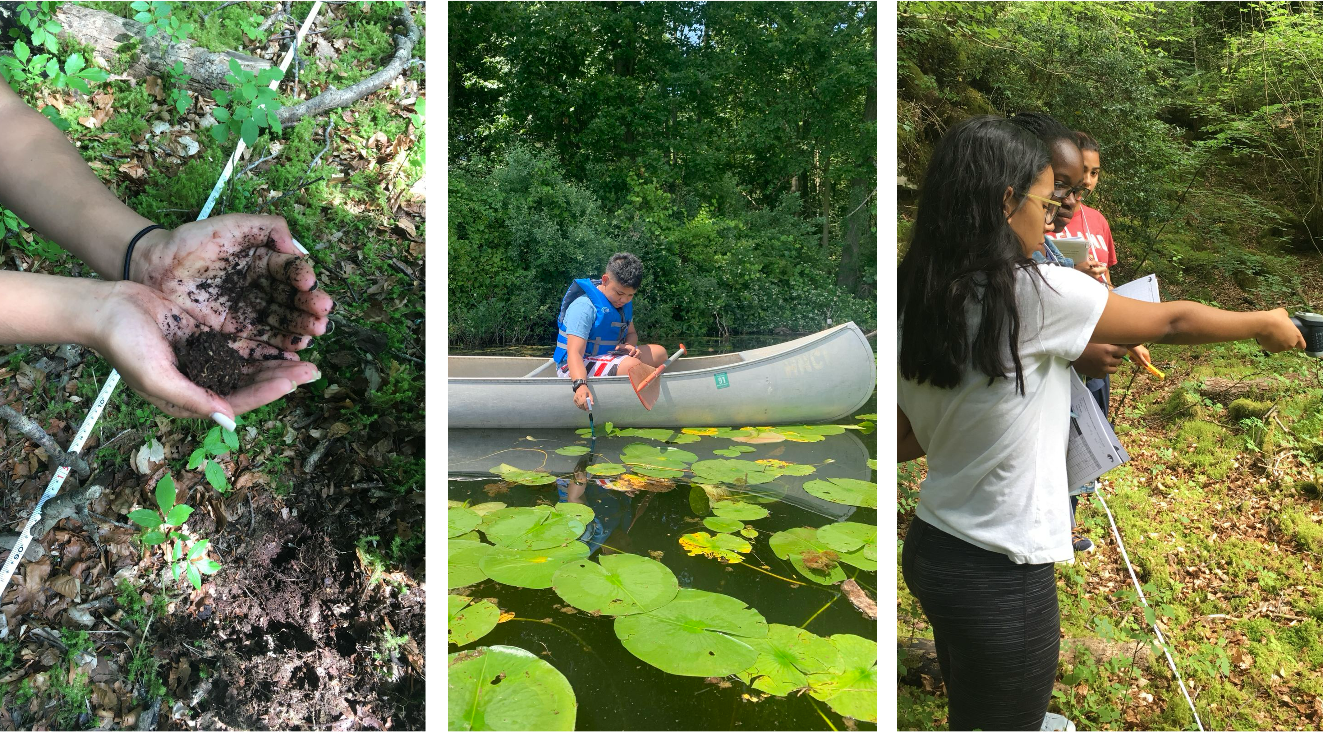 A panel of three photos. In the first photo, a person holds a scoop of soil in both hands cupped together over a long measuring tape. The in center photo, a boy in a canoe dips a sampling container in a lake. In the third photo, a group of young students stand along a measuring tape. One holds a surface temperature thermometer at arm length pointed at the ground to measure its temperature. 