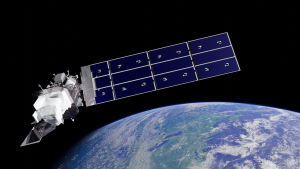 Landsat 9, a silver and white satellite body with a single array of solar panels, orbits above an image of the curvature of the Earth below, dark space in the background.