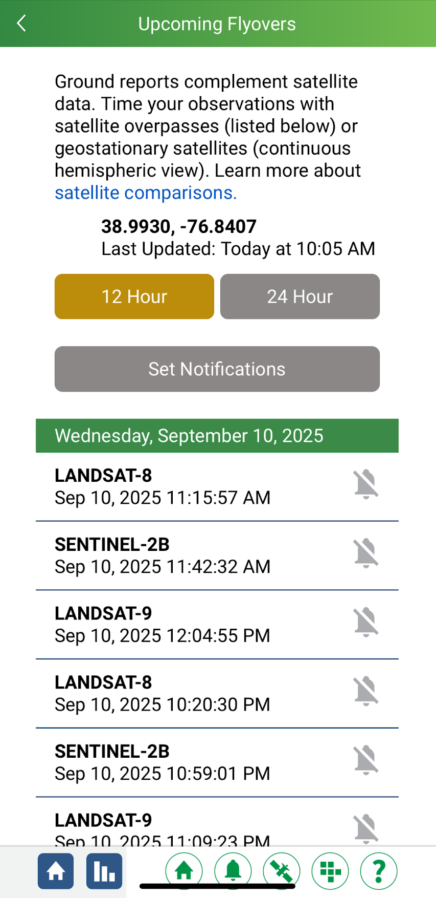 The landing screen of the Upcoming Flyovers page in the app, showing the latitude and longitude of the current location, and a list of Landsat and Sentinel flyover times.