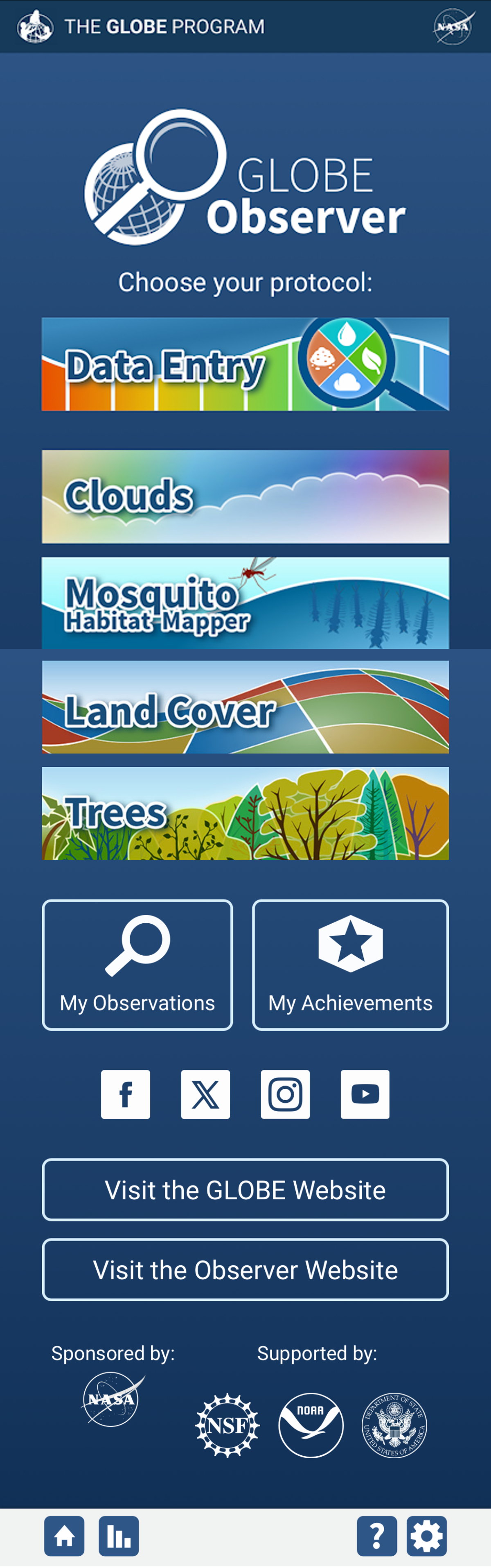 Main screen of the GLOBE Observer app with Data Entry, Clouds, Mosquito Habitat Mapper, Land Cover and Trees.