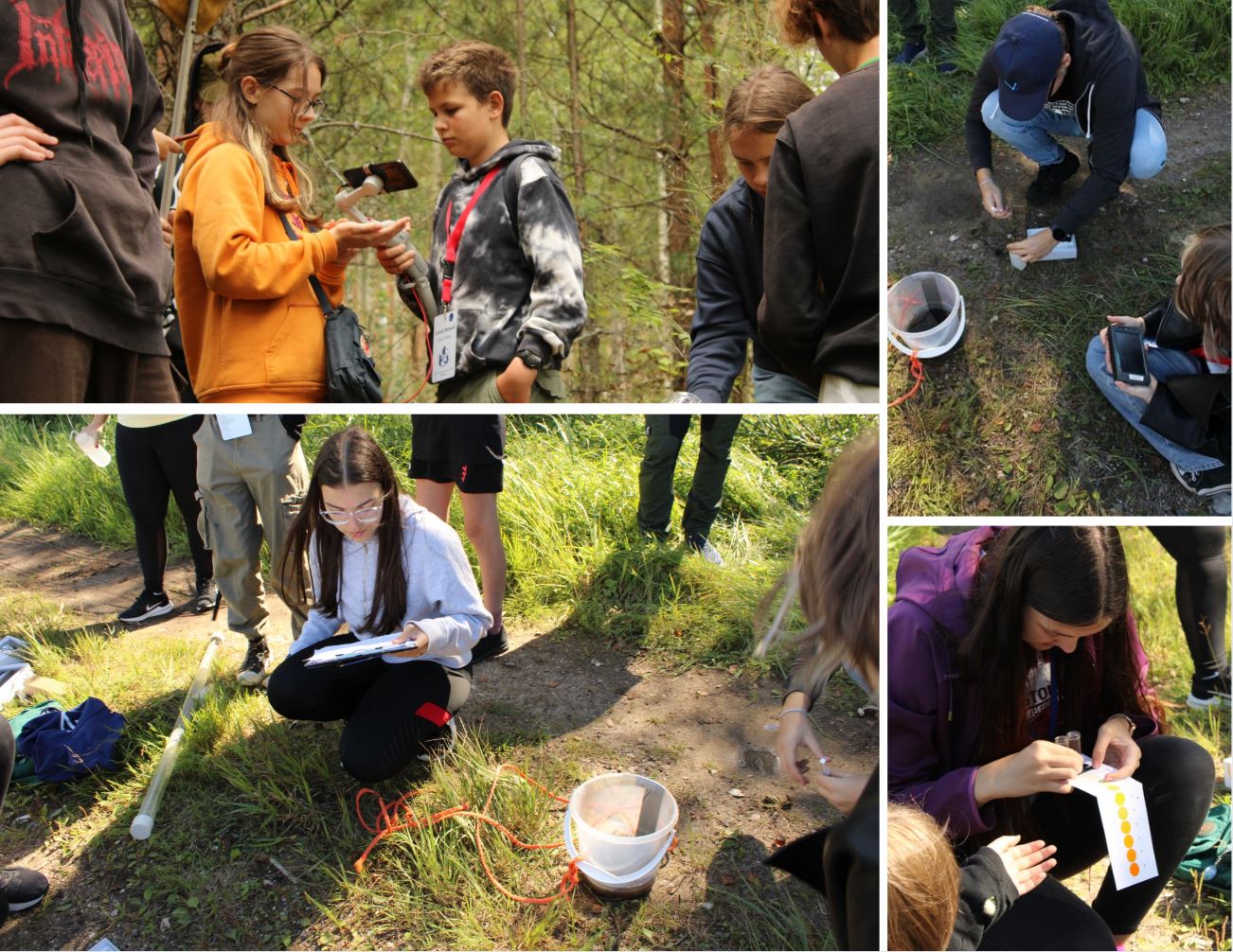 Collage of students filming and collecting data.