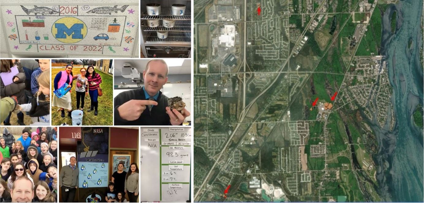 Collage of the Shumate Middle School class collecting data and a map of their study sites.