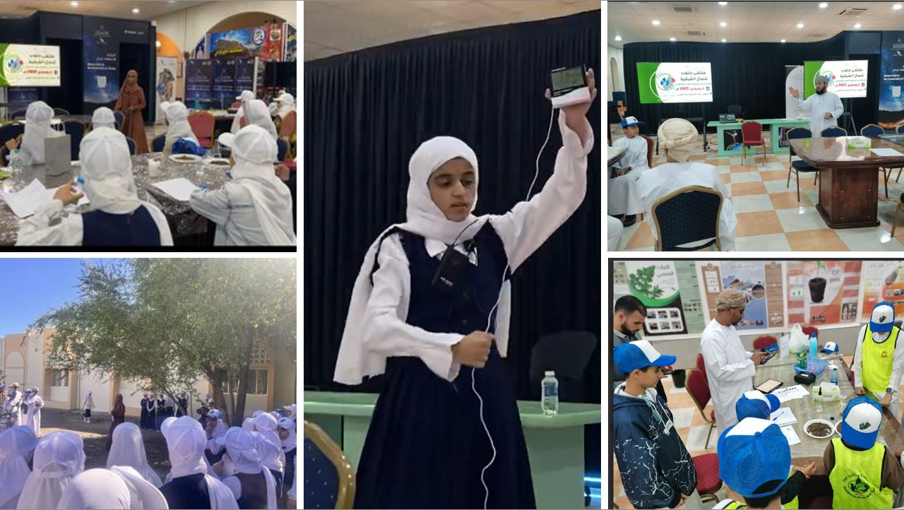 Collage of students participating in GLOBE protocols, presenting, and learning.