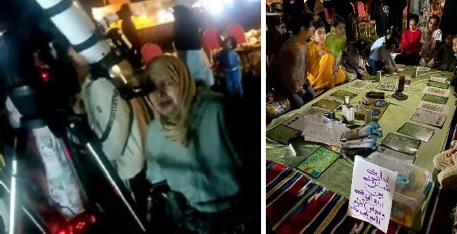 Person looking through telescope and a table of activities.