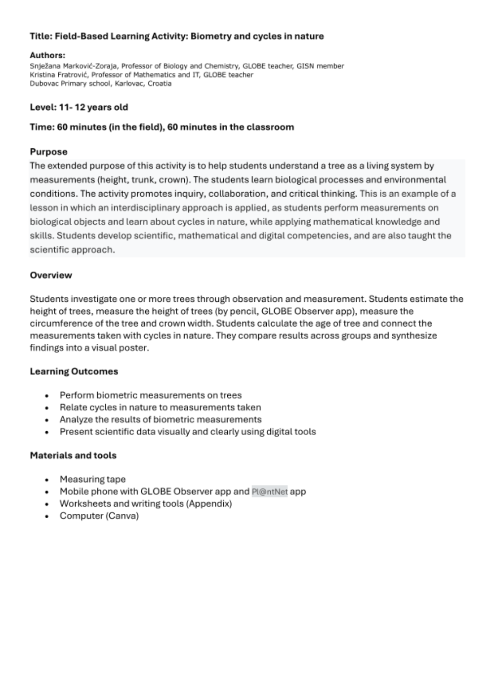 Learning Activities preview for Field-based Learning Activity: Biometry and cycles in nature