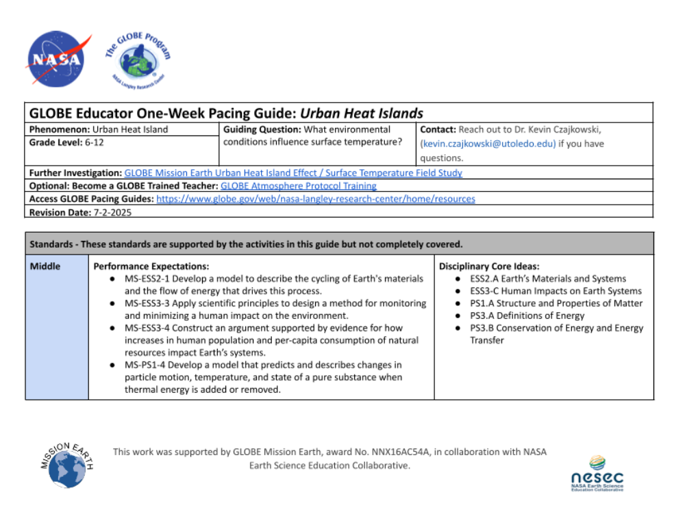 Learning Activities preview for NASA GLOBE One-Week Pacing Guide: Urban Heat Islands
