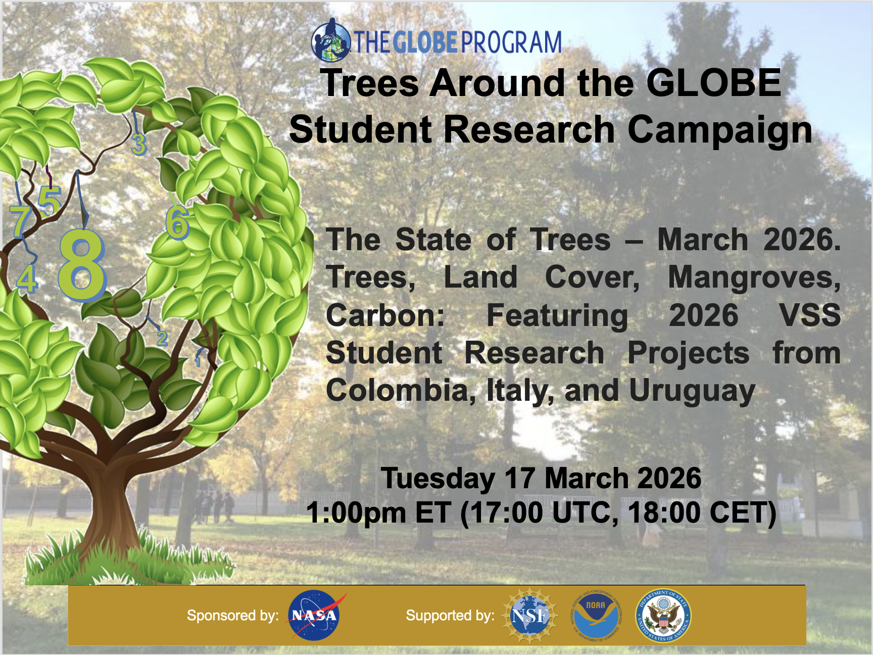 The State of Trees - Trees, Land Cover, Mangroves, Carbon: Featuring 2026 VSS Student Research Projects from Colombia, Italy, and Uruguay.