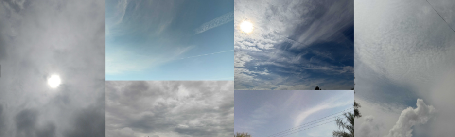 Collage of six photos of clouds. First one shows the a translucent cloud, the Sun shines through it. The second one shows a light blue sky with some delicate, wispy clouds. The third one shows puffy clouds covering the sky completely. The fourth one shows a deep blue sky with many clouds that let the Sun shine through. Some clouds are puffy and some clouds are wispy. The fifth one shows a light blue sky with some wispy clouds that look as if they had been painted with a paintbrush. The last one shows tiny puffs of clouds covering most of the sky and one much bigger puffy cloud shaped a bit like an animal, with big ears.