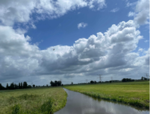 Blue sky partially covered with large puffy white clouds over a green field.