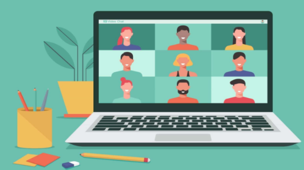   Graphic of faces attending a zoom meeting on a laptop computer