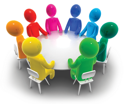   A graphic of a variety of people sitting around a table together