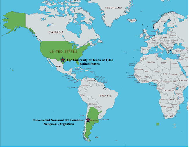 A world map with the U.S. and Argentina highlighted
