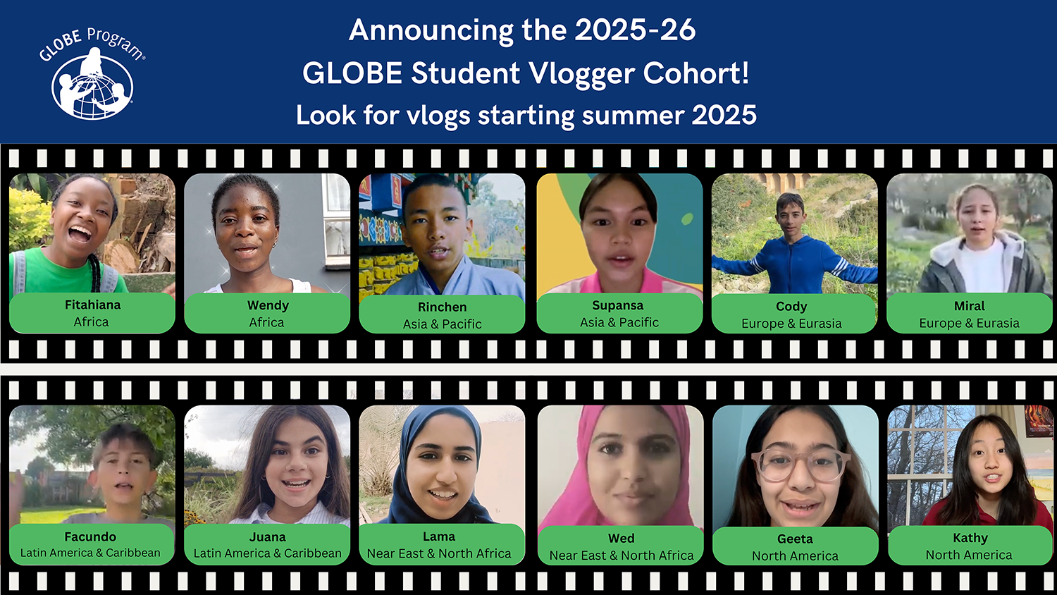 Collage of the 12 students from around the globe who were chosen as the new GLOBE student vloggers for 2025-26