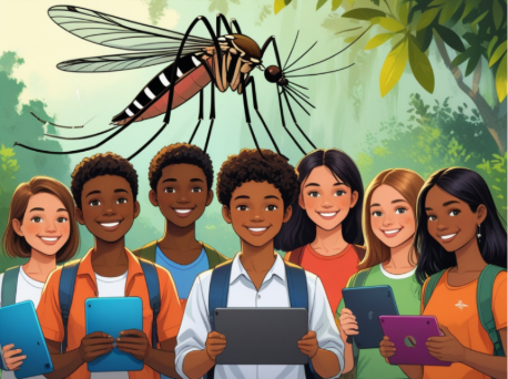 Artwork of children holding tablets and a mosquito in the background.