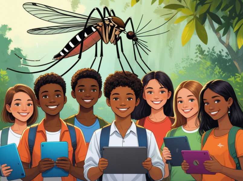 Teenagers holding tablets with a giant mosquito overhead