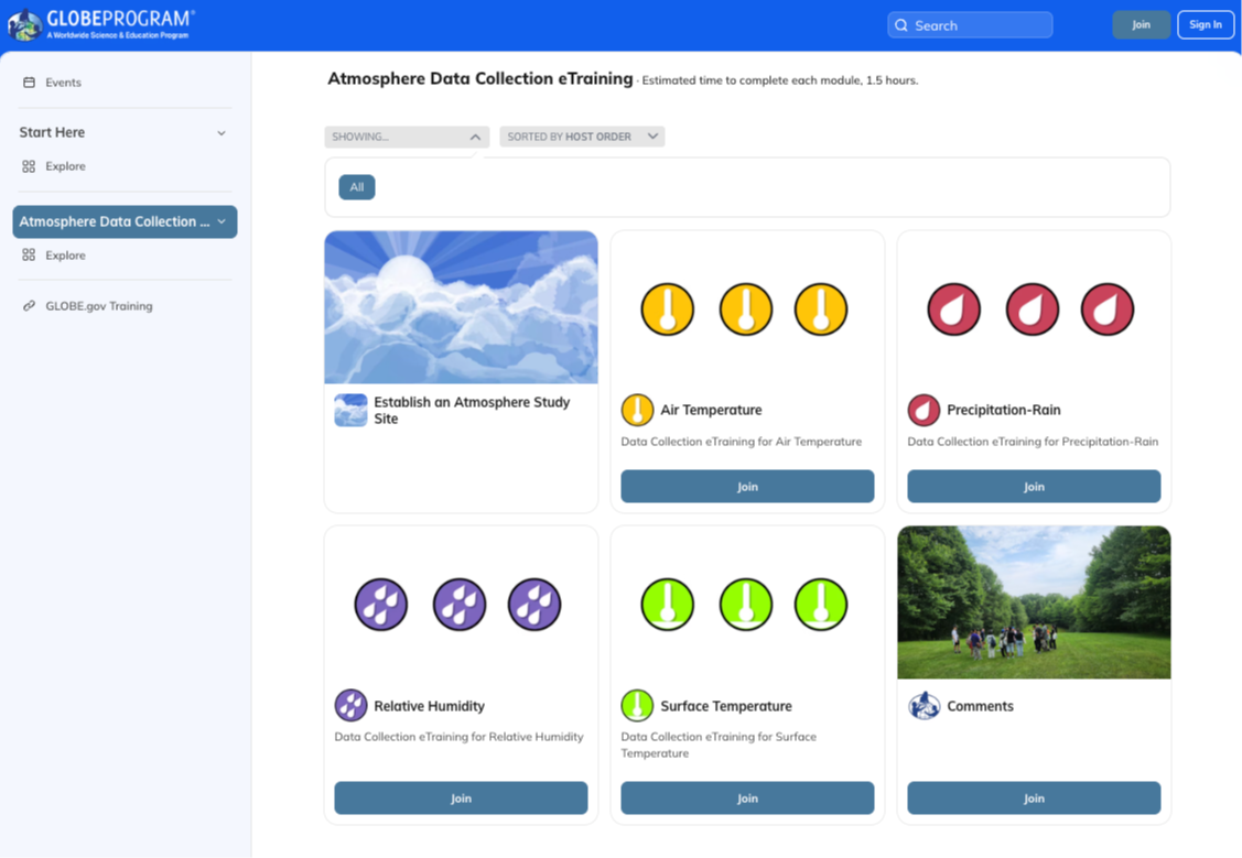 GLOBE Network Atmosphere Data Collection eTraining landing page