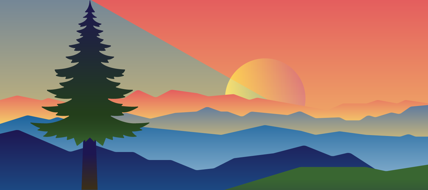 Trees Challenge graphic showing a drawing of a landscape of trees and mountains and the sun  