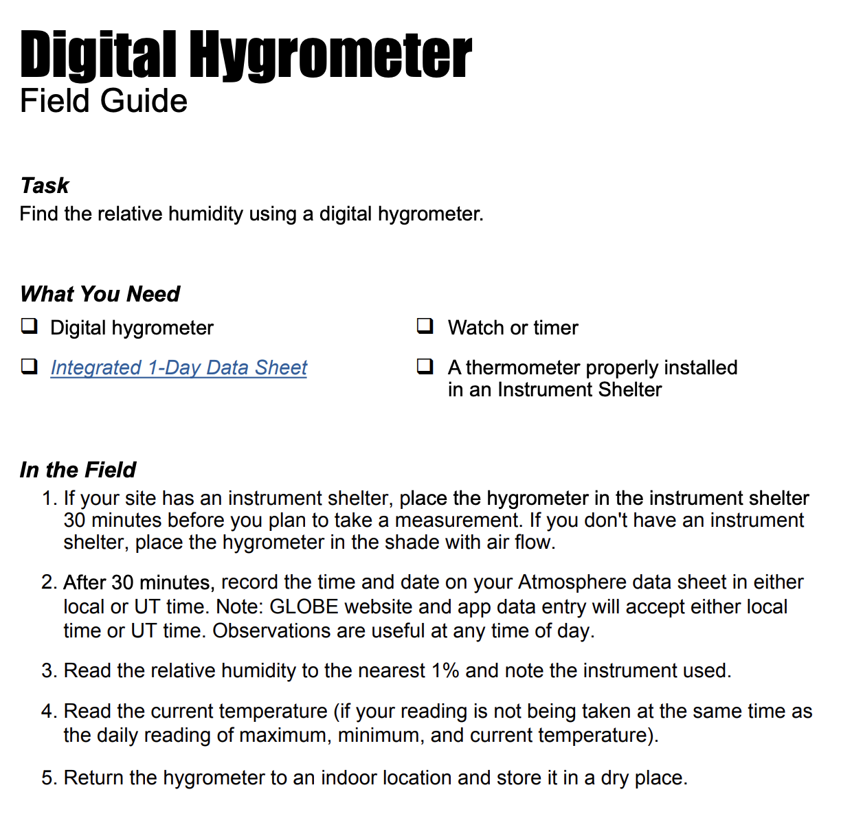 Screenshot of the Digital Hygrometer Field Guide