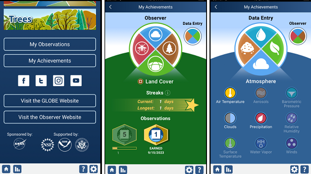 Three screenshots from the GLOBE Observer app. The first, far left, shows the GLOBE Observer app home screen including a new button for My Achievements. The center screenshot shows the new My Achievements screen for GLOBE Observer volunteers. The screen displays streaks and milestones for Land Cover. The right screenshot shows the new My Achievements screen for GLOBE students and teachers. The screen displays achievements for the atmosphere protocols.