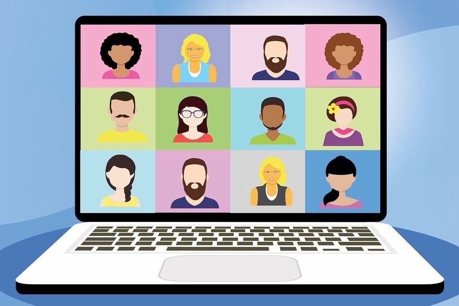   Cartoon image of people meeting through computer Zoom call