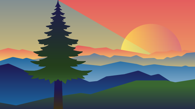 NASA GLOBE Trees Challenge 2022 graphic, showing a drawing of a tree in the mountains, and a sunset  