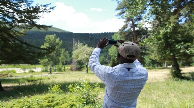   Man using his phone to take a picture of trees and mountains