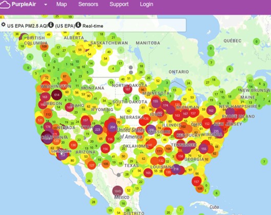 Purple air sensor map showing locations of PM2.5 measurements