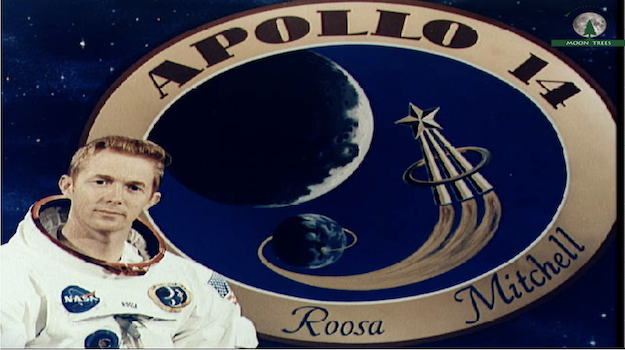 Astronaut photoshopped in front of the Apollo 14 mission logo