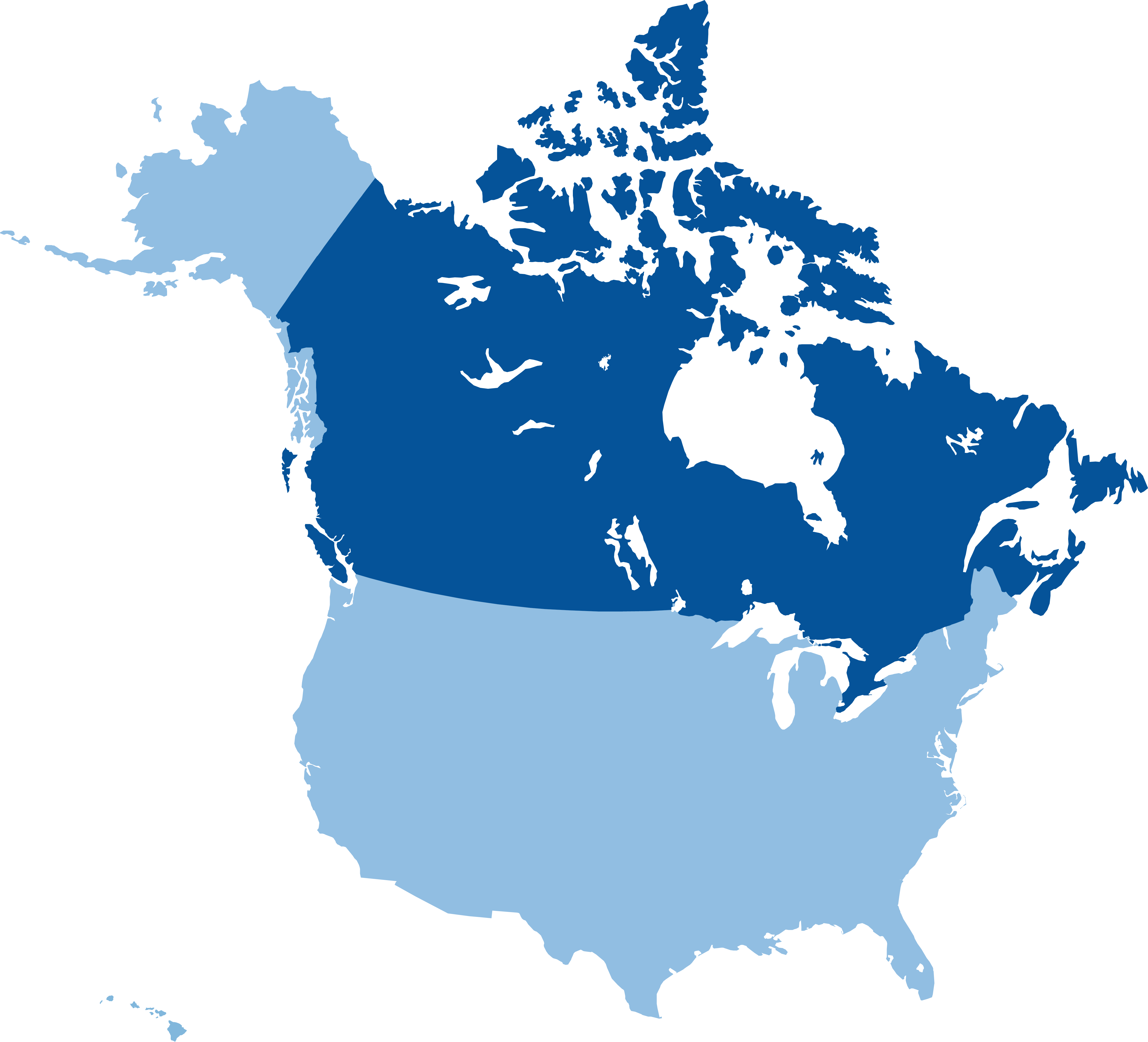 map of United States and Canada, each country filled in a different shade of blue
