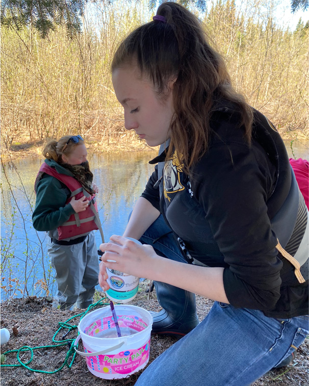 a young woman kneels on a stream bank to measure water quality