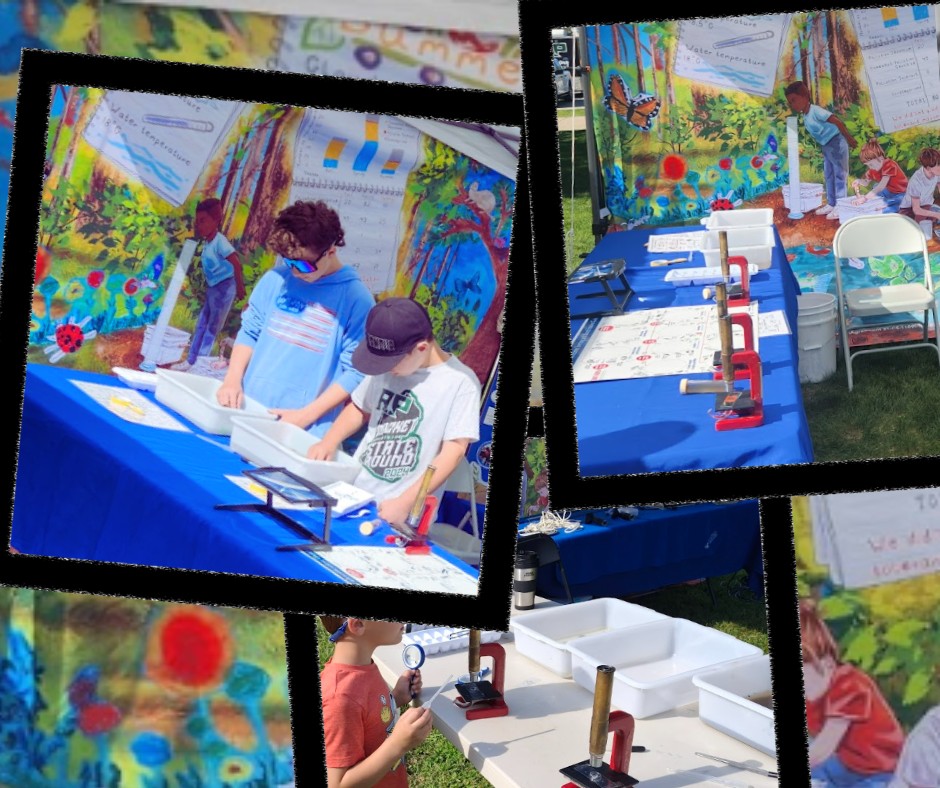 a collage of pictures shows students observing macroinvertebrates with the water tent in the background