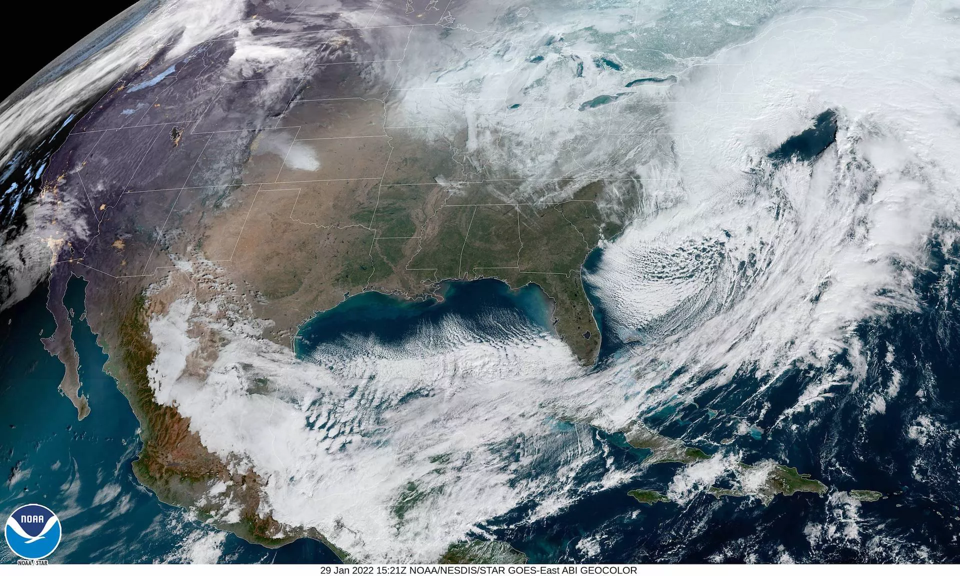 Satellite image of the U.S. with snowstorm