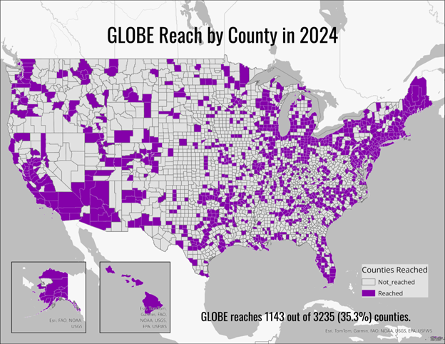 map of the United States showing where GLOBE partnerships have reached 35% of counties, each shaded in purple