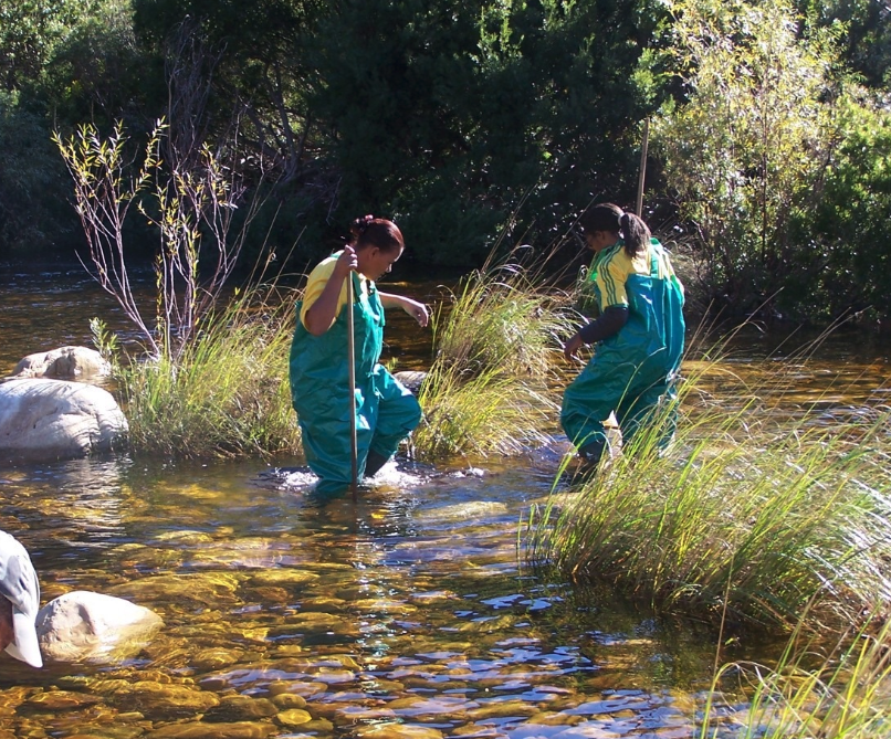   Two people in waders stand in a stream