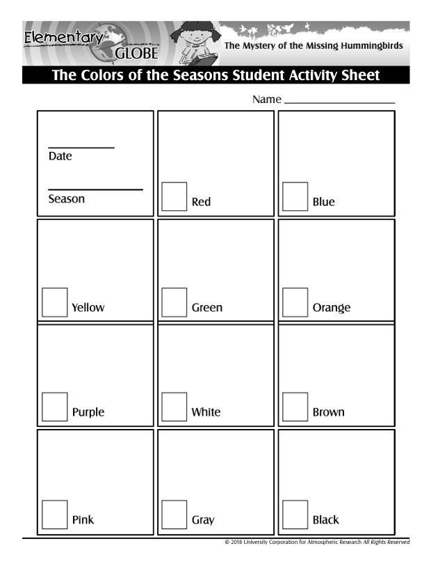 student activity sheet for the Elementary GLOBE activity "The Colors of the Seasons" with boxes for students to identify items found in nature during different seasons