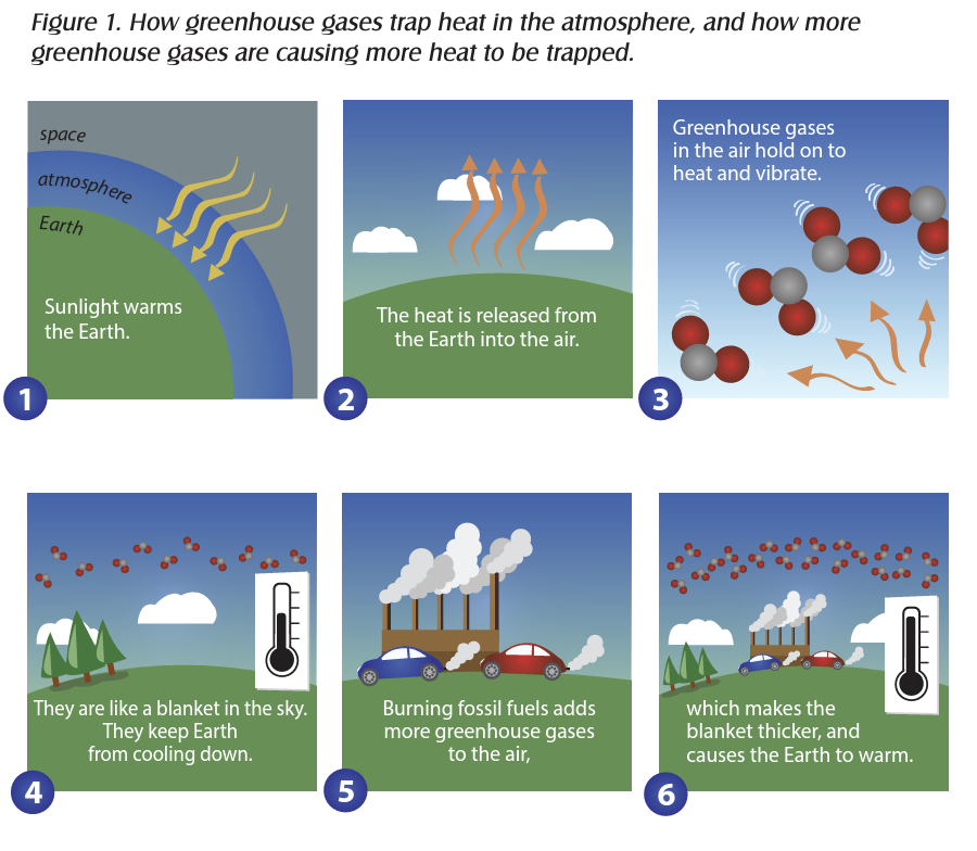 screenshot from Elementary GLOBE activity "We're All Part of the Solution" with six illustrations showing how greenhouse gases trap heat in the atmosphere, and how more greenhouse gases are causing more heat to be trapped