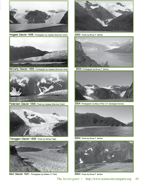 a page from the Climate Change Investi-gator issue with images of glaciers taken in the early 1900s on the left and early 2000s on the right; students are to match the early photos with the later photos and then compare and contrast the images