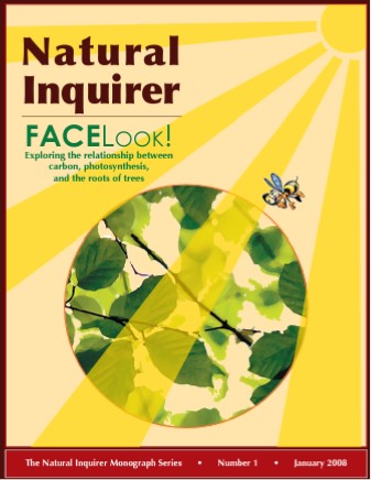 image of front page of natural inquirer FACELook issue. sunlight streaming down on leaves with title and desciption of issue