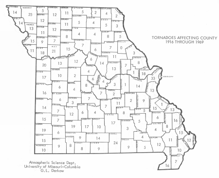 Number of tornadoes in Missouri by County