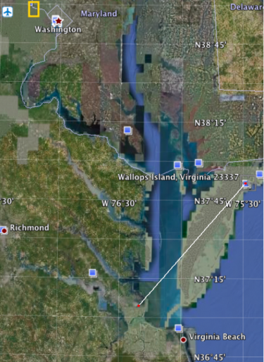 Google Earth Map showing the location of the launch site (Wallops Island, VA), and my approximate location when I saw the trail, 115 km (~70 mi) to the southwest.