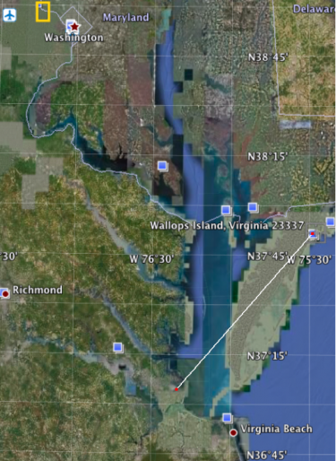 delaware map Google Earth Map showing the location of the launch site (Wallops Island, VA), and my approximate location when I saw the trail, 115 km (~70 mi) to the southwest.