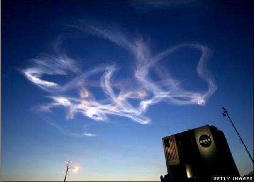 vapor trails The trail left behind after a Shuttle launch.