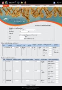 A screen capture of the data entry suite: mosquito larva datasheet containing data of mosquitoes in both indoor and outdoor water storage containers