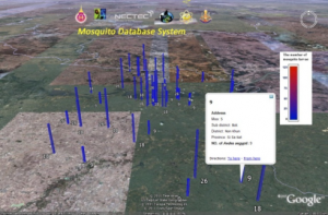GIS tool displaying the number of mosquito larva distribution in 3D bar charts on Google Earth