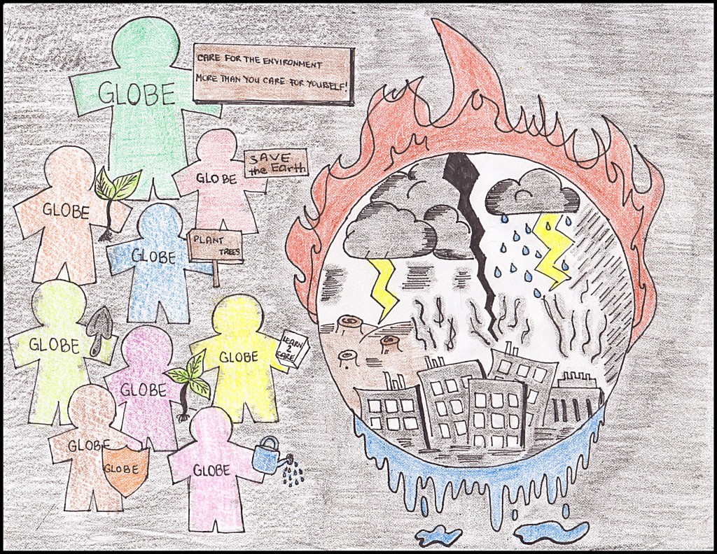 An illustration of how GLOBE is used to understand local climate.  Drawing was submitted to the 2013 Calendar Competition