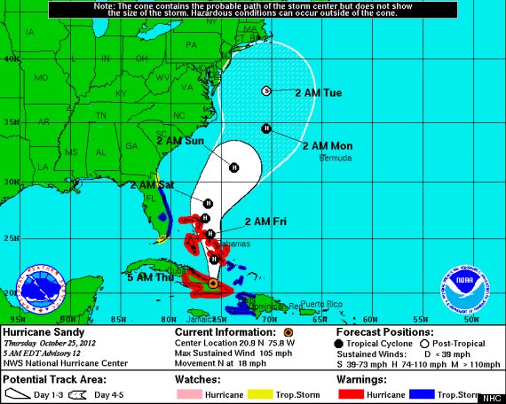 Projected path of Hurricane Sandy, the most recent U.S. landfalling hurricane. The cone indicates the probable, but not guaranteed, path that the storm could take.