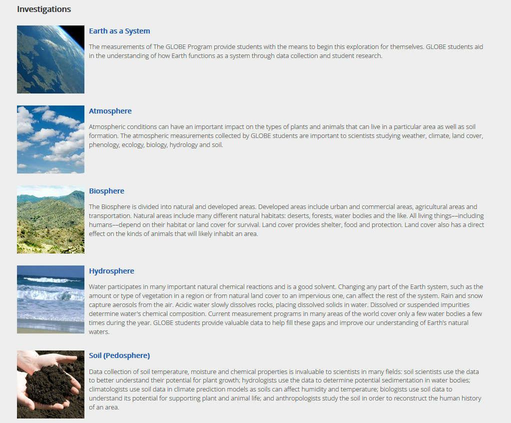 A screen grab showing the types of investigations teachers can have their students do with the GLOBE program.