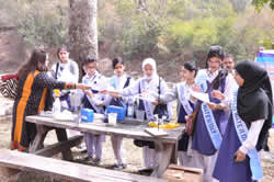 Girls doing science at a picnic table.