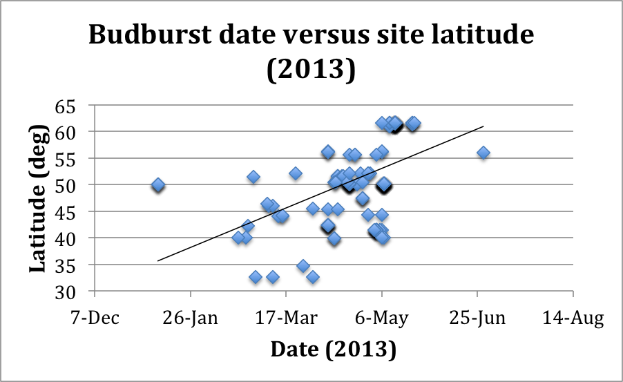 graph showing budburst date versus latitude